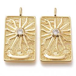 Brass Micro Pave Clear Cubic Zirconia Pendants, with Jump Rings, Long-Lasting Plated, Rectangle with Sun, Clear, Golden, 43x23x5mm, Hole: 5x2.5mm(ZIRC-I044-06G)