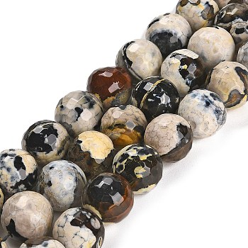 Natural Fire Crackle Agate Beads Strands, Dyed & Heated, Round, Faceted, Saddle Brown, 13.5~14mm, Hole: 1.4mm, about 28~29pcs/strand, 15.16 inch(38.5cm)