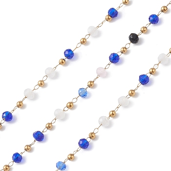 Handmade Glass Beaded Chains, Faceted, Unwelded, with 304 Stainless Steel Chains, Golden, Round, Blue, 2~3x2~2.5mm