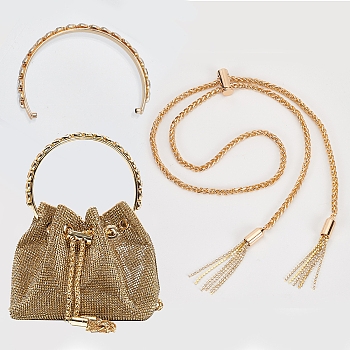 Bag Accessories Set, including Arch-shaped Zinc Alloy Rhinestone Purse Handle, Wheat Chain Bag Drawstring Cord with Stopper & Tassel, Golde
