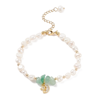Natural Green Aventurine Chips & Pearl Beaded Bracelet, Clear Cubic Zirconia Moon & Star Charm Bracelet for Women, Golden, 7-5/8 inch(19.5cm)