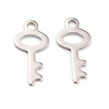 304 Stainless Steel Pendants, Key, Stainless Steel Color, 20.5x9.5x1mm, Hole: 1.8mm