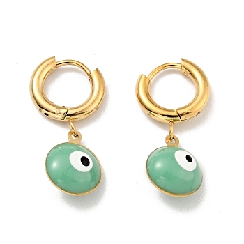 Enamel Evil Eye Dangle Hoop Earrings, Gold Plated 304 Stainless Steel Jewelry for Women, Medium Sea Green, 28mm, Pin: 1mm