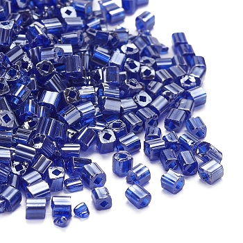 6/0 Glass Seed Beads, Transparent Colours Luster, Square Hole, Cube, Blue, 3~5x3~4x3~4mm, Hole: 1.2~1.4mm, about 1000pcs/100g