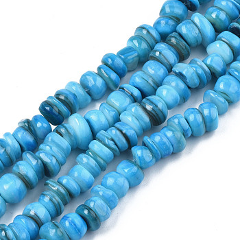 Natural Trochid Shell/Trochus Shell Beads Strands, Dyed, Flat Round, Deep Sky Blue, 5~10x1~7mm, Hole: 1mm, about 94pcs/strand, 14.96''(38cm)