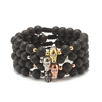 Braided Nylon Thread Lava Rock Beaded Bracelet, with Brass Micro Pave Cubic Zirconia Beads and Natural Lava Rock Round Beads, for Men Women, Black, 3/8 inch(0.85cm), Inner Diameter: 2 inch(5cm)~3-1/8 inch(8cm), 4pcs/set