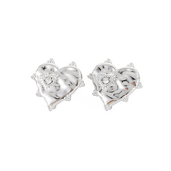 304 Stainless Steel Stud Earring Findings, with Ear Nuts, Loop and Crystal Rhinestone, Heart, Stainless Steel Color, 17x18mm, Hole: 1.8mm, Pin: 0.7mm