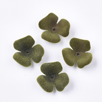 Flocky Acrylic Bead Caps, 3-Petal, Flower, Olive Drab, 22x23x8mm, Hole: 1mm