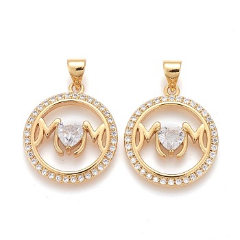 Brass Micro Pave Clear Cubic Zirconia Pendants, Long-Lasting Plated, Flat Round, 21x18x4mm, Hole: 4.5~3.5mm