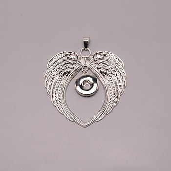 Wing Alloy Pendant Setting, with Brass Snap Button, Antique Silver & Platinum, 77x66x3mm, Inner Diameter: 5.5mm