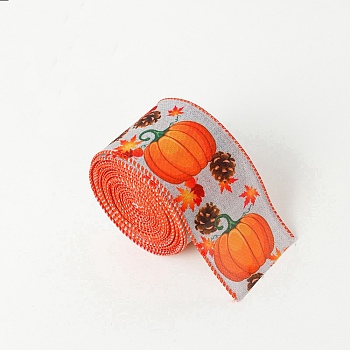 10M Thanksgiving Day Theme Wired Linen Ribbon, Pumpkin & Pine Cone Pattern, Coral, 2-1/2 inch(63mm), about 10.94 Yards(10m)/Roll