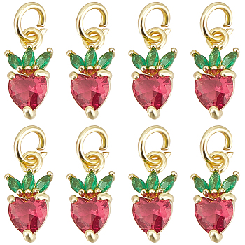10Pcs Brass Micro Pave Cubic Zirconia Charms, with Jump Rings, Long-Lasting Plated, Strawberry, Real 18K Gold Plated, 12x6x3.5mm, Hole: 3mm