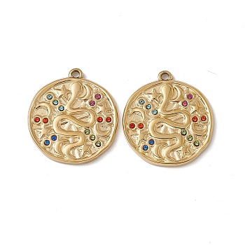 Vacuum Plating 201 Stainless Steel Pendants, with Colorful Rhinestone, Flat Round with Snake & Moon & Star Pattern Charm, Real 18K Gold Plated, 25x22.5x2mm, Hole: 1.6mm