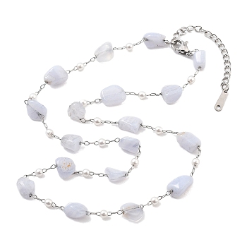 Natural White Jade Nuggets Link Chain Necklaces, 316 Surgical Stainless Steel Jewelry for Women, Platinum, 18.66~20.94 inch(47.4~53.2cm)