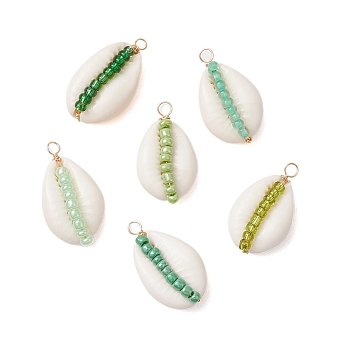 6Pcs 6 Styles Natural Cowrie Shell & Glass Seed Beads Pendants, Shell Shaped Charms, Green, 29x16x10mm, Hole: 2mm, 1pc/style