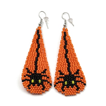 Boho Seed Bead Halloween Spider Tassel Earrings, Iron Dangle Earring for Women, Dark Orange, 80x28mm