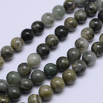 Round Natural Green Rutilated Quartz Beads Strands, 10mm, Hole: 1mm, about 38pcs/strand, 15.5 inch
