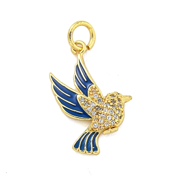 Brass Micro Pave Clear Cubic Zirconia Pendants, with Enamel, Real 18K Gold Plated, Bird, Royal Blue, 23x16.5x3mm, Hole: 3.5mm