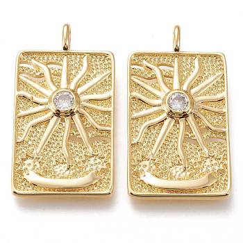 Brass Micro Pave Clear Cubic Zirconia Pendants, with Jump Rings, Long-Lasting Plated, Rectangle with Sun, Clear, Golden, 43x23x5mm, Hole: 5x2.5mm