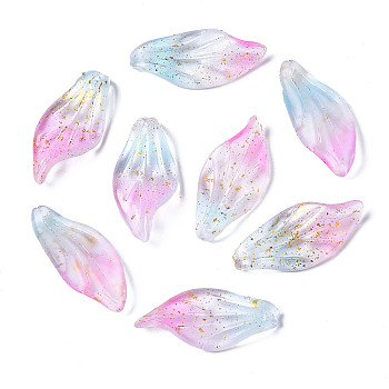 Two Tone Frosted Transparent Spray Painted Glass Pendants, with Glitter Powder, Leaf, Pearl Pink, 30x14x3.5mm, Hole: 1mm