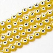 Handmade Evil Eye Lampwork Beads Strands, Flat Round, Yellow, 10x4mm, Hole: 1mm, about 38pcs/strand, 14 inch(LAMP-J081-02-10x4mm)
