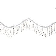 DELORIGIN 2 Yards Polyester with Plastic Beads Tassel Ribbons, Fringe Trimming, Gold Webbing Ribbon, with 1Pc Thread Bobbins White Cards, Silver, 2-5/8~2-3/4 inch(68~71mm)(OCOR-DR0001-01)