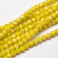Faceted Round Full Rainbow Plated Electroplate Glass Beads Strands, Yellow, 4mm, Hole: 1mm, about 90~95pcs/strand, 12.8~13.6 inch(32~34cm)(X-EGLA-J130-FR05)