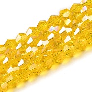 Transparent Electroplate Glass Beads Strands, AB Color Plated, Faceted, Bicone, Gold, 3x2.5mm, Hole: 0.7mm, about 162~185pcs/strand, 12.76~14.61 inch(32.4~37.1cm)(GLAA-F029-2mm-A22)