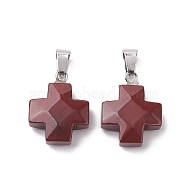 Natural Red Rainbow Jasper Pendants, Cross Charms with Stainless Steel Color Plated Stainless Steel Snap on Bails, 20~20.5x15.5~16.5x6~7mm, Hole: 7x4.5mm(G-K359-02P-09)