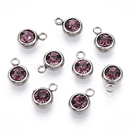 201 Stainless Steel Rhinestone Charms, Flat Round, Amethyst, 8.5x6x3mm, Hole: 1.5mm(X-STAS-S068-06)