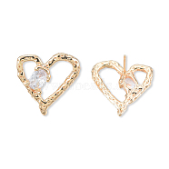 Clear Cubic Zirconia Heart Stud Earrings, Brass Jewelry for Women, Cadmium Free & Nickel Free & Lead Free, Real 18K Gold Plated, 19.5x20mm, Pin: 0.7mm(EJEW-N012-51LG-B)