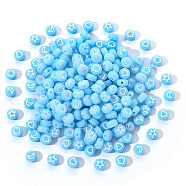 Opaque Acrylic Beads, Flat Round with White Heart & Flower & Moon & Star, Light Sky Blue, 7x4mm, Hole: 1.6mm, 200pcs/set(MACR-YW0001-18F)