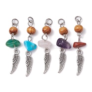 5Pcs 5 Styles Natural Mixed Gemstone Chip Pendants with Wood Beads, Tibetan Style Alloy Wing Charms, Antique Silver, 40mm, 1pc/style(PALLOY-JF02297-S)