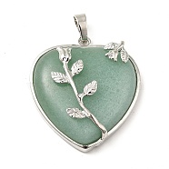 Heart Natural Green Aventurine Pendants, with Platinum Plated Brass Pendant Settings, 42~46x31~33mm, Hole: 6mm(X-GP356-2)