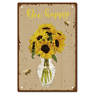 Iron Sign Posters, for Home Wall Decoration, Rectangle with Word Bee Happy, Sunflower Pattern, 300x200x0.5mm(AJEW-WH0157-582)