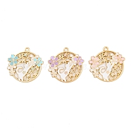 Rack Plating Alloy Enamel Pendants, Golden, Flat Round with Cat & Flower Charm, Mixed Color, 28x29x1.5mm, Hole: 2mm(FIND-A040-07B-G)