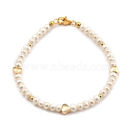 Natural Cultured Freshwater Pearl Beaded Bracelets, with Brass Beads and 304 Stainless Steel Lobster Claw Clasps, Heart, Golden, 19.2cm(7-1/2 inch)(BJEW-JB05386-02)