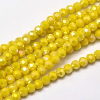 plaqué facettes arc-en-pleine ronde verre electroplate brins de perles, jaune, 4 mm, trou: 1 mm, environ 100 pcs / brin, {1 pouce