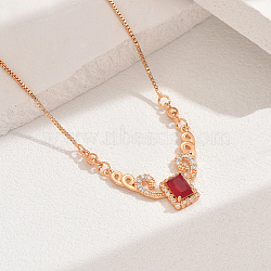 Elegant Vintage Brass Pave Cubic Zirconia Women's Rectangle Pendant Necklaces, Real 18K Gold Plated, Red, 18.70 inch(47.5cm)(DI2317-3)