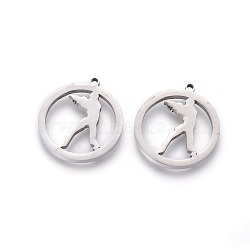 201 Stainless Steel Pendants, Manual Polishing, Ring with Human, Stainless Steel Color, 17x16x1.5mm, Hole: 1.2mm(STAS-F231-071P)