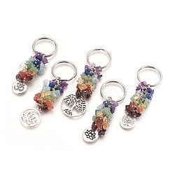 Natural Gemstone Keychain Sets, with Brass Findings, Flat Round, 78~88mm, Pendant: 19~28.5x15~25x1.5~2mm, 5pcs/set(KEYC-JKC00163)