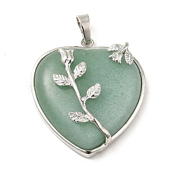 Heart Natural Green Aventurine Pendants, with Platinum Plated Brass Pendant Settings, 42~46x31~33mm, Hole: 6mm(X-GP356-2)