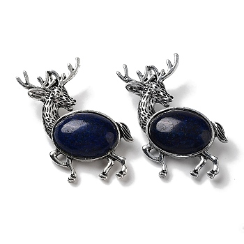 Alloy Elk Brooches, with Natural Lapis Lazuli, Antique Silver, 49.5x49x14mm