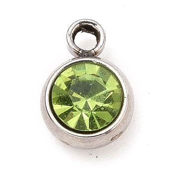 304 Stainless Steel Charms, with Acrylic Rhinestone, Birthstone Charms, Faceted, Flat Round, Stainless Steel Color, Olivine, 8.2x6x3.5mm, Hole: 1.2mm