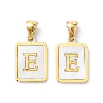 Ion Plating(IP) 304 Stainless Steel Pave Shell Pendants, Rectangle Charm, Real 18K Gold Plated, Letter E, 17.5x12x1.5mm, Hole: 3x5mm