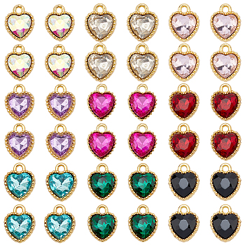 36Pcs 9 Colors Glass Charms, with Golden Plated Zinc Alloy Finding, Heart, Mixed Color, 13x10x4mm, Hole: 1.8mm, 4pcs/color
