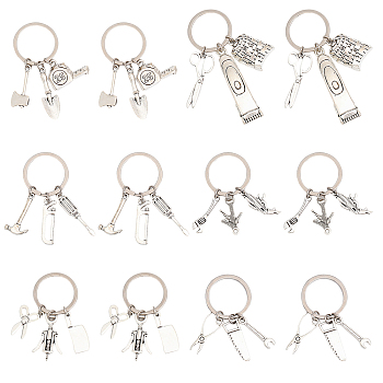 SUPERFINDINGS Home Tool Tibetan Style Alloy Pendant Keychain, Father's Day Gift Keychain, Antique Silver, 41~75mm, 6pcs/set, 2 sets/box