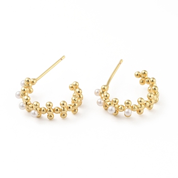Acrylic Imitation Pearl C-shape Stud Earrings, Brass Half Hoop Earrings for Women, Real 18K Gold Plated, 15.5x17x5mm, Pin: 0.7mm