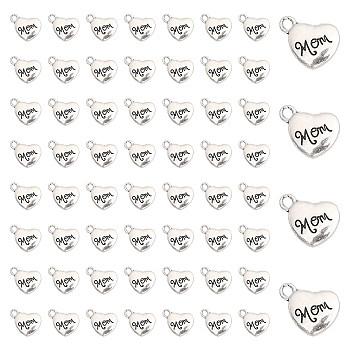 Mother's Day Theme, Tibetan Style Heart Alloy Pendants, with Word Mom, Antique Silver, 18x15x3mm, Hole: 3mm, 60pcs/box