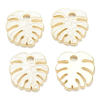 Brass Enamel Pendants, Real 18K Gold Plated, Long-Lasting Plated, Leaf, White, 18x16x1.5mm, Hole: 2.5mm